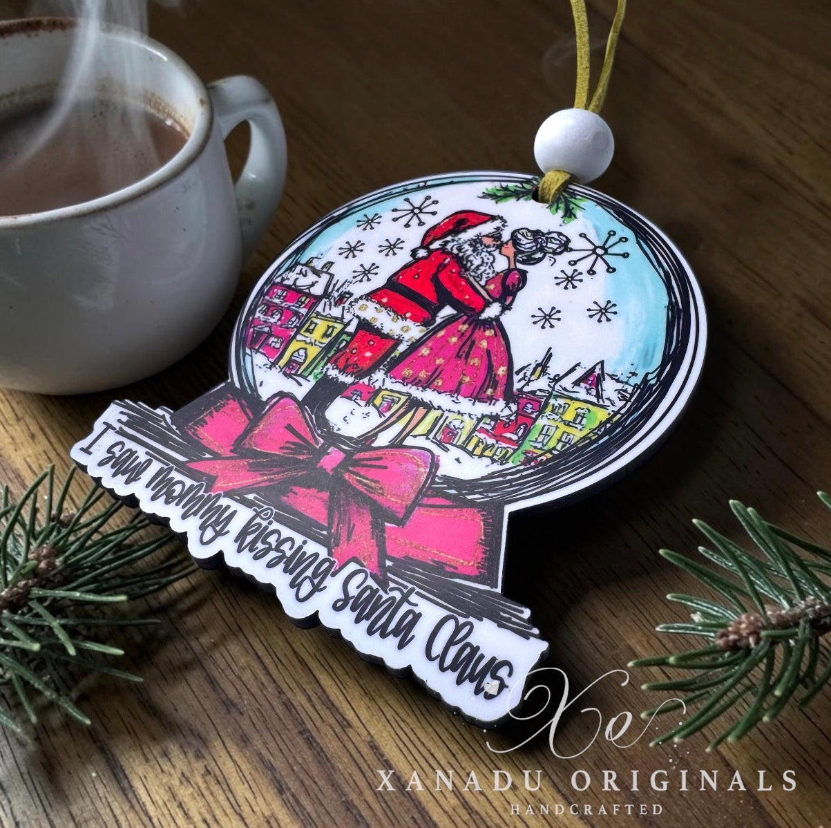 I Saw Mommy Kissing Santa Claus Snow Globe Ornament - Pink Retro Holiday Tree Decoration