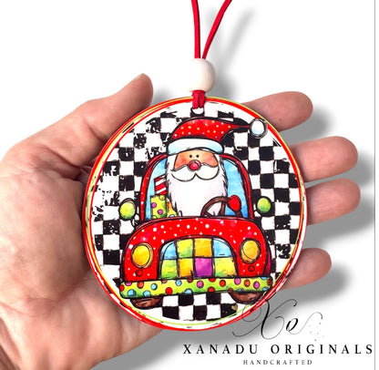 Santa Driving Red Vintage Car Christmas Ornament with Checkerboard Background