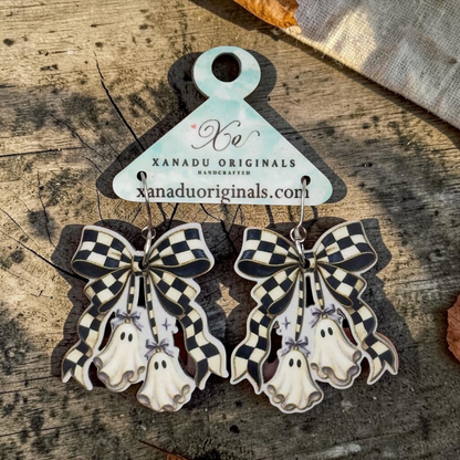 Checkered Bow Ghost Dangle Earrings