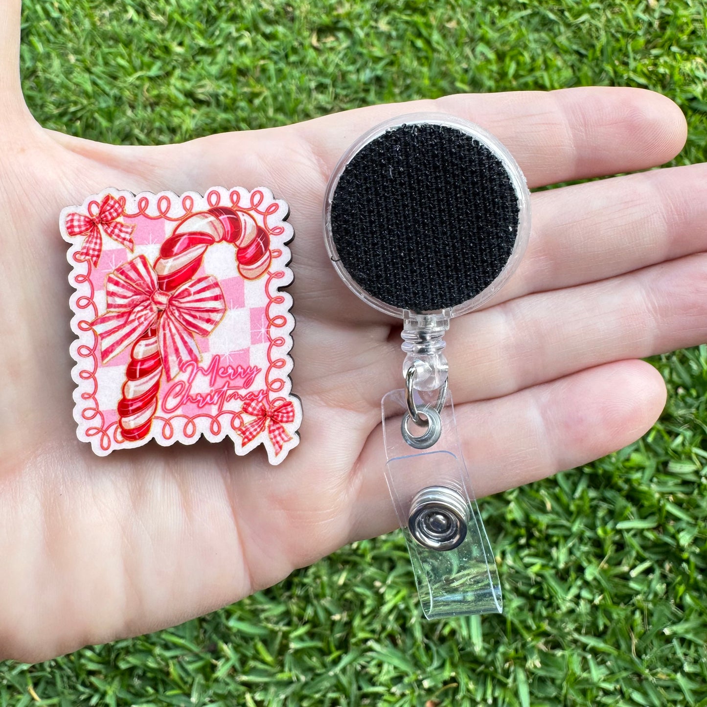 Candy Cane Christmas Interchangeable Badge Button with Reel Option