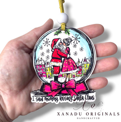 I Saw Mommy Kissing Santa Claus Snow Globe Ornament - Pink Retro Holiday Tree Decoration