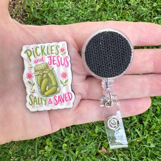 Pickles And Jesus Interchangeable Badge Button with Reel Option
