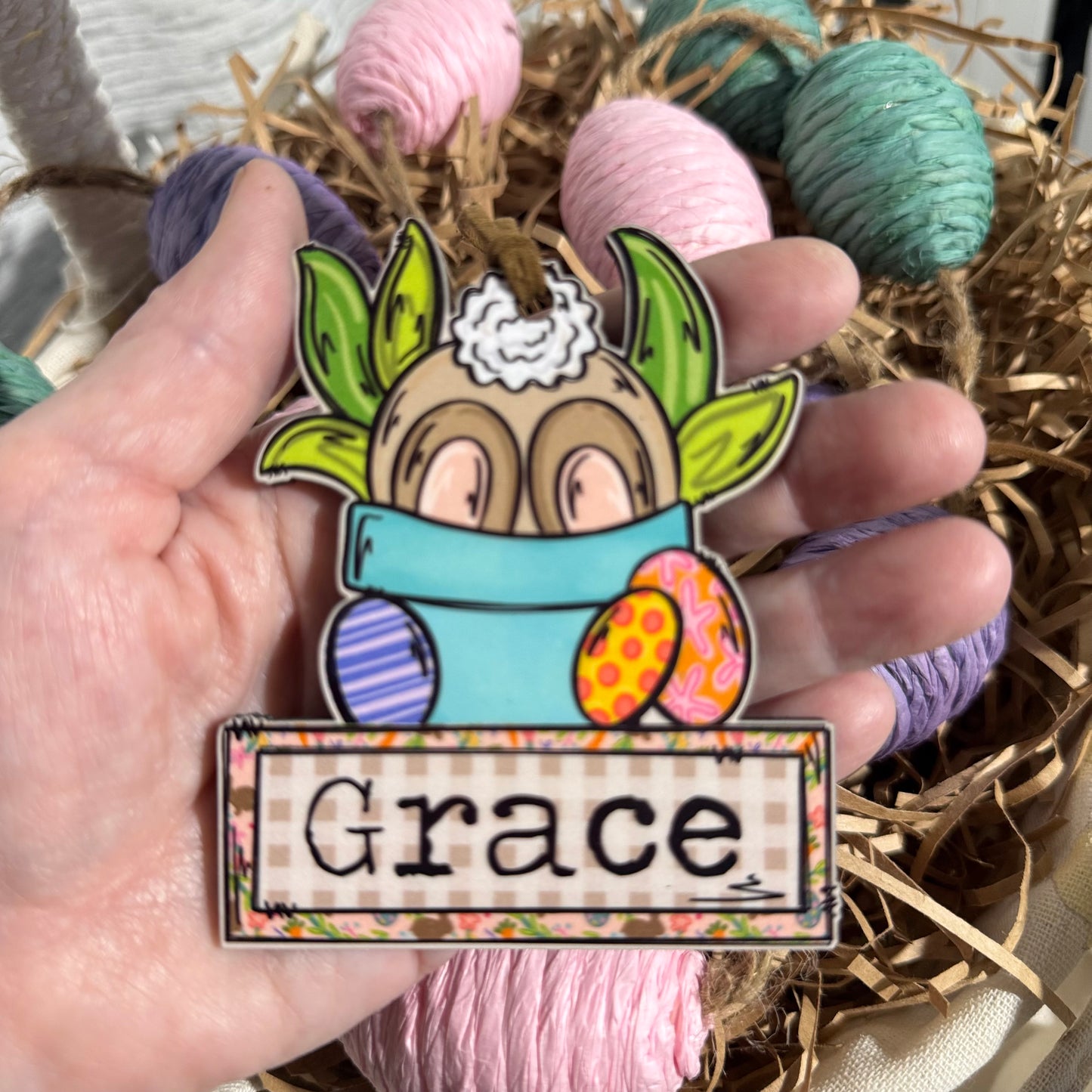Girl Bunny In Pot Personalized  Easter Basket Tag