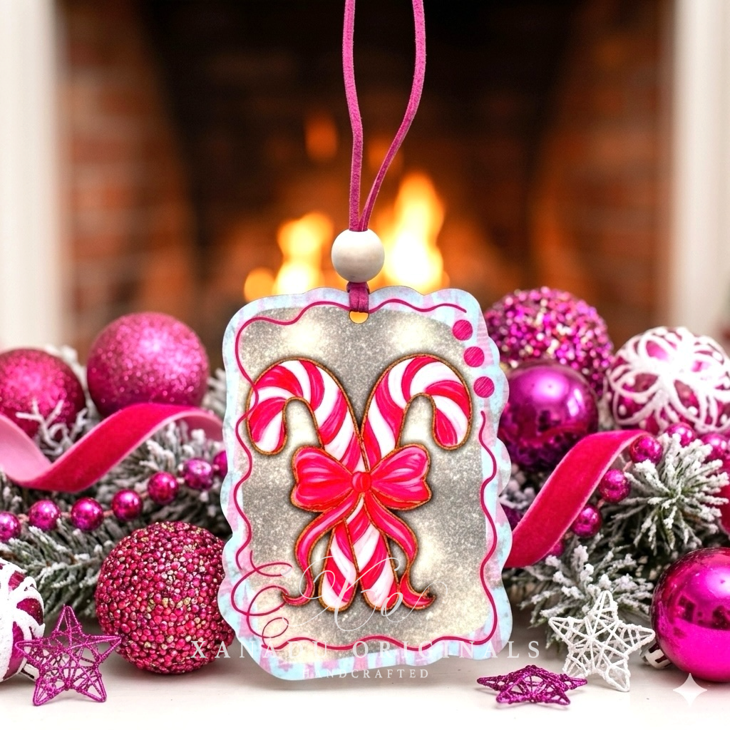 Whimsical Gold Glitter Candy Cane Ornament - Pink Coquette Bow Holiday Tree Decoration