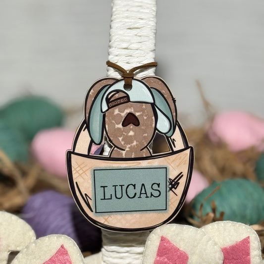 Boy Bunny In Basket Personalized Easter Basket Tag