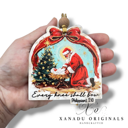 Every Knee Shall Bow Philippians 2:10 Kneeling Santa Ornament - Christian Nativity Tree Decoration