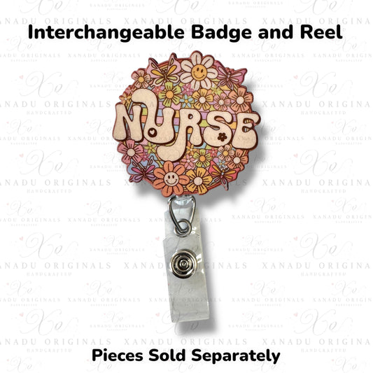Nurse Retro Floral Interchangeable Badge Button with Reel Option