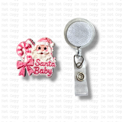 Santa Baby Pink Faux Fur Interchangeable Badge Button with Reel Option