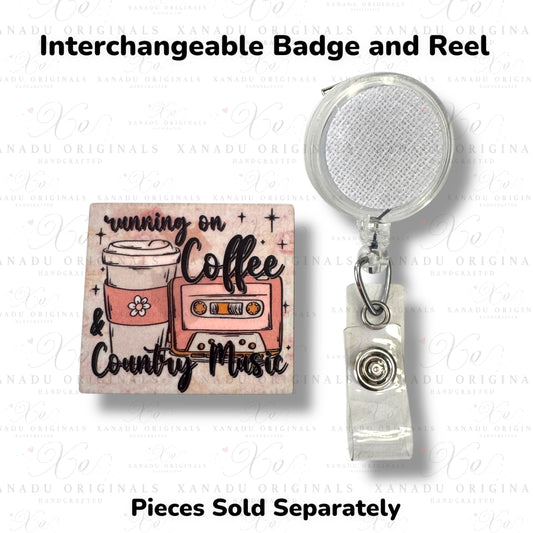 Country Music and Coffee Interchangeable Badge Button with Reel Option