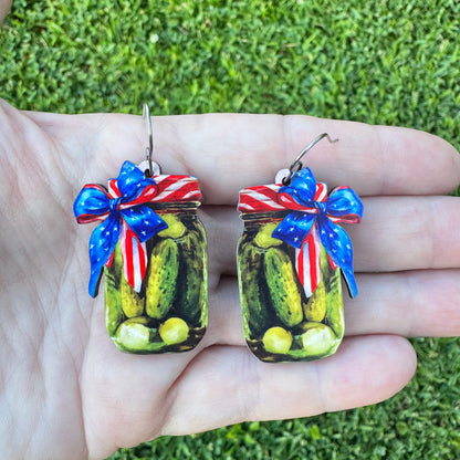 Pickle Jar 4th Of July Dangle Earrings