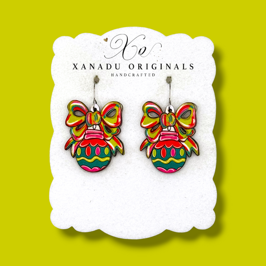 Festive Bow Green Globe Earrings