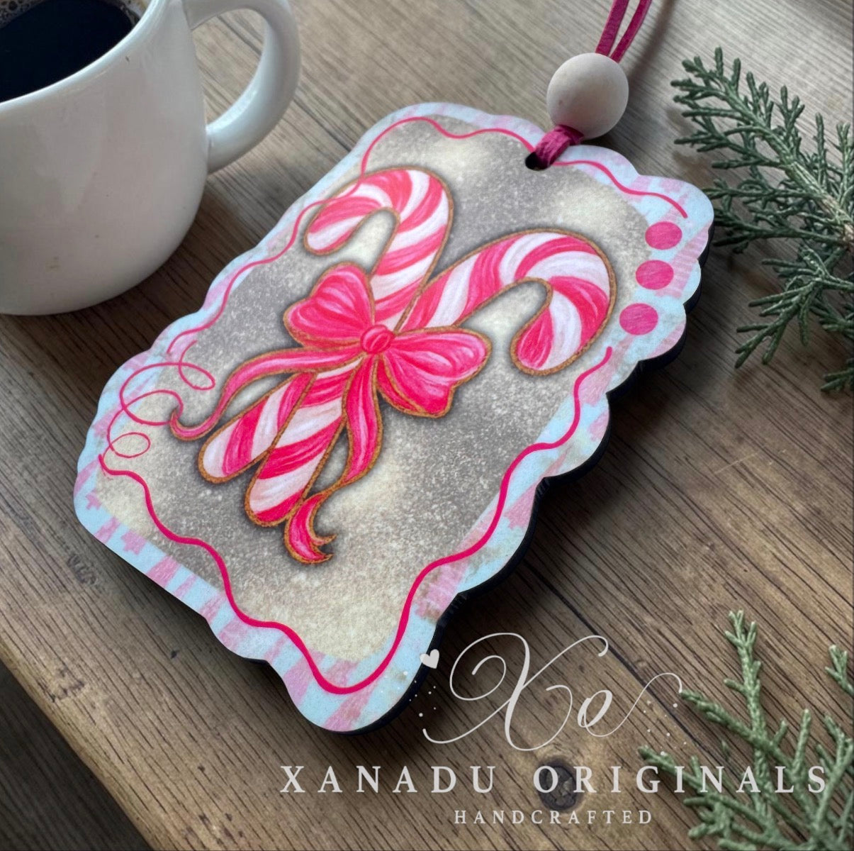 Whimsical Gold Glitter Candy Cane Ornament - Pink Coquette Bow Holiday Tree Decoration