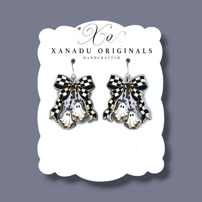 Checkered Bow Ghost Dangle Earrings