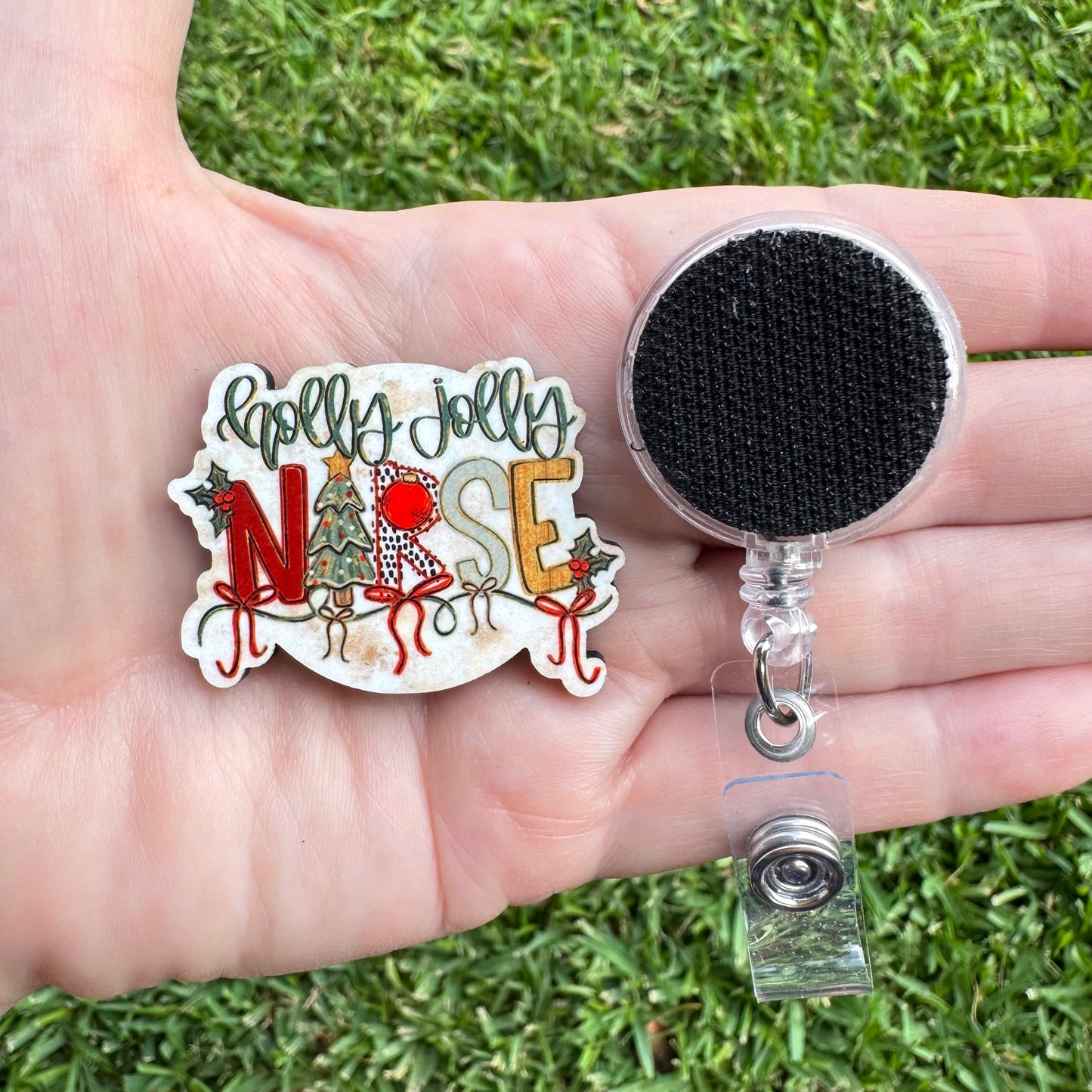 Holly Jolly Nurse Interchangeable Badge Button with Reel Option