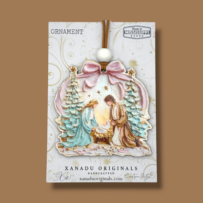 Pastel Impasto Holy Family Nativity Ornament - Whimsical Pink Bow Tree Decoration