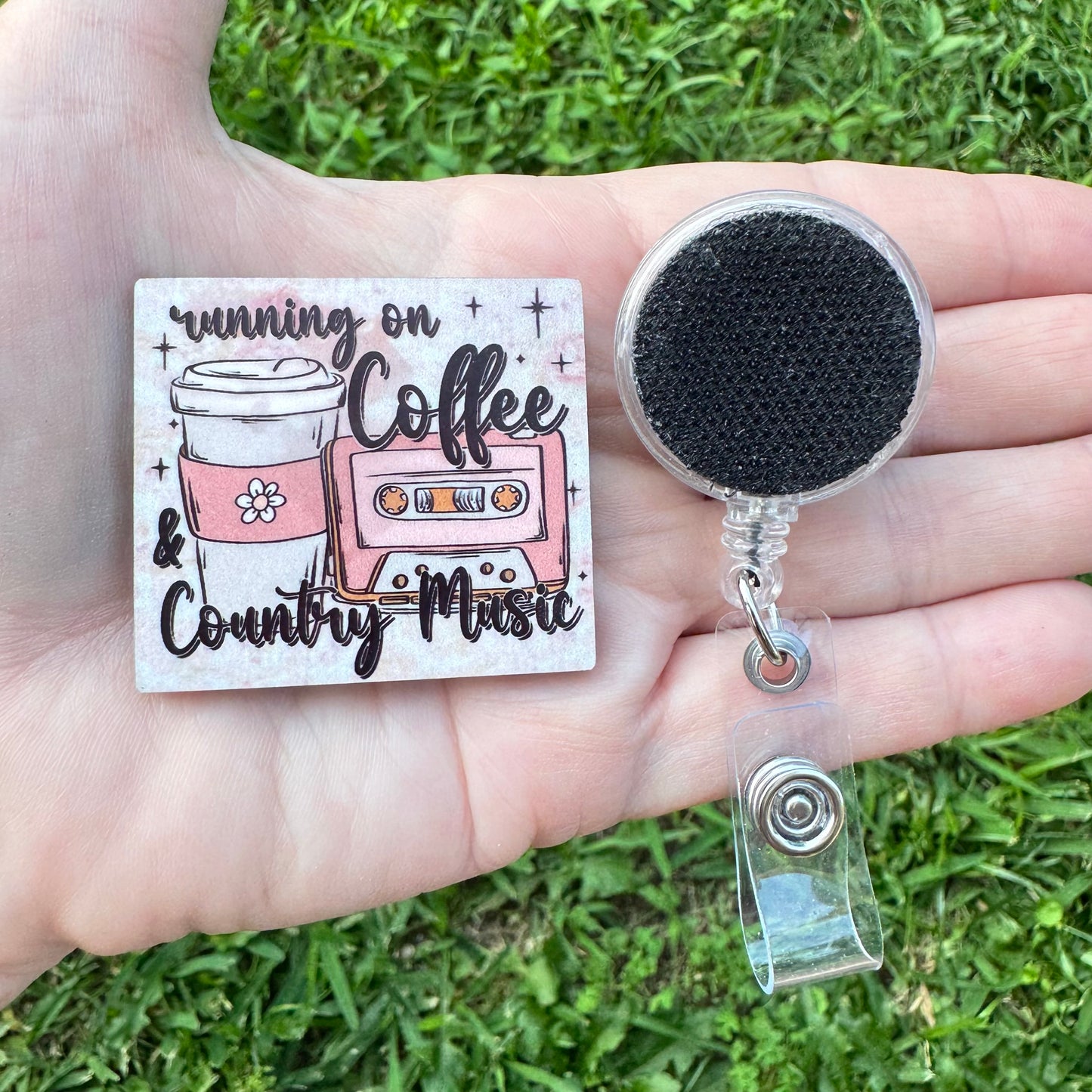 Country Music and Coffee Interchangeable Badge Button with Reel Option