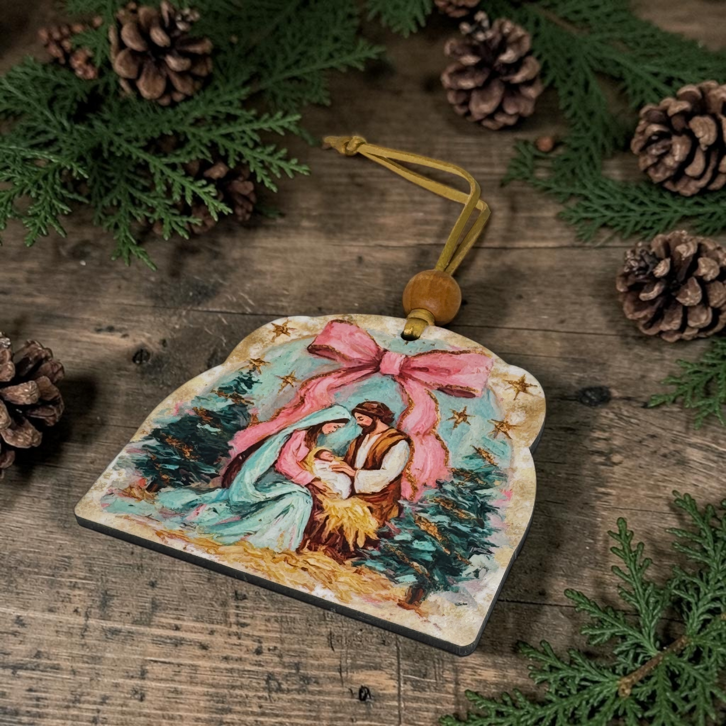 Impasto Nativity & Christmas Tree Ornament | Textured Coquette Bow Holy Family Keepsake