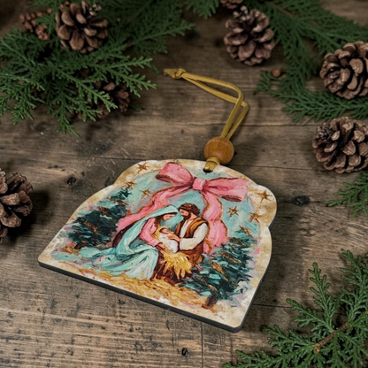Impasto Nativity & Christmas Tree Ornament | Textured Coquette Bow Holy Family Keepsake
