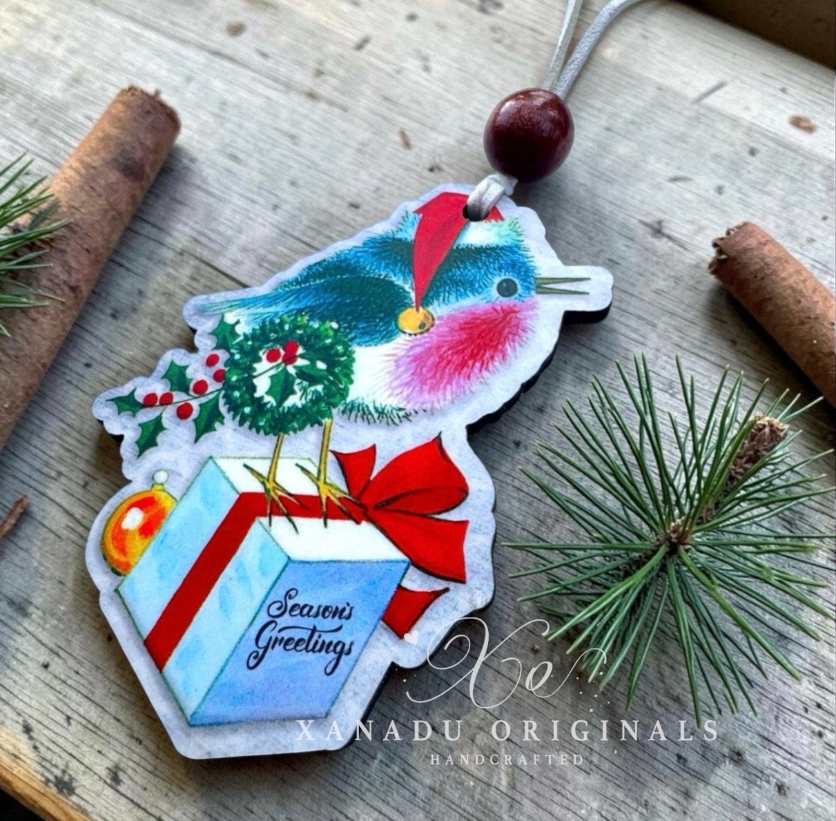 Retro Christmas Bluebird Ornament - Vintage Birdhouse Holiday Tree Decoration