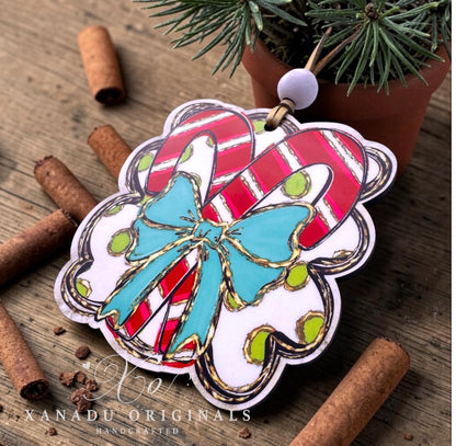 Whimsical Candy Cane Bow Christmas Ornament - Festive Polka Dot Holiday Tree Decoration