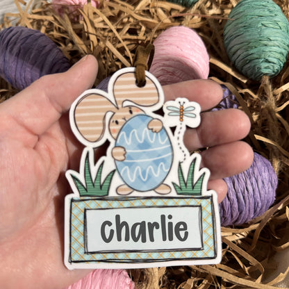 Boy Bunny with Egg Personalized Easter Basket Tag