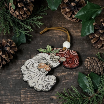 Santa & Christmas Mouse Whimsical Portrait Ornament, Traditional Holiday Tree Decor, Classic St. Nick Character Keepsake
