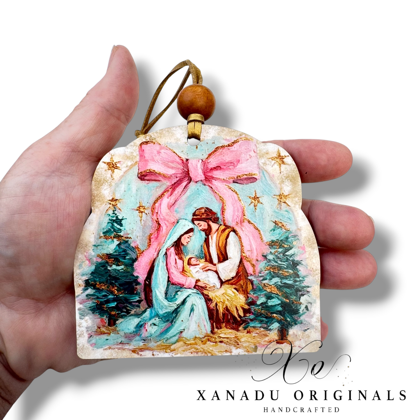 Impasto Nativity & Christmas Tree Ornament | Textured Coquette Bow Holy Family Keepsake