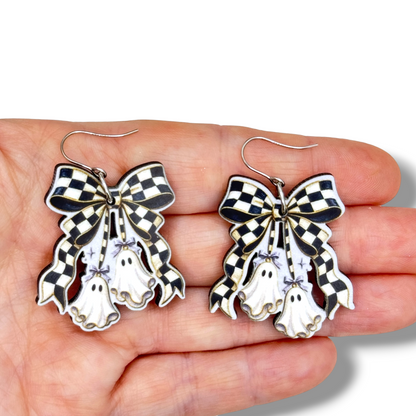 Checkered Bow Ghost Dangle Earrings