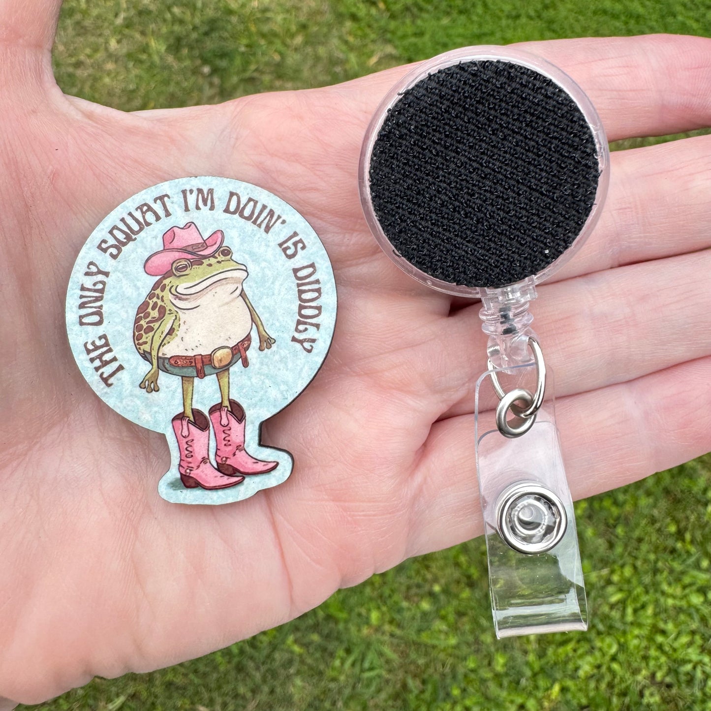 Diddly Squat Cowgirl Frog Interchangeable Badge Button with Reel Option
