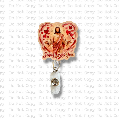 Jesus Loves You Brushstroke Interchangeable Badge Button with Reel Option