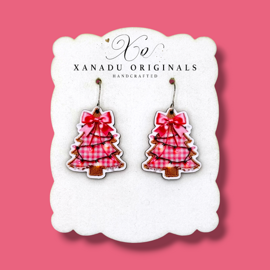Burlap Pink Tree Earrings