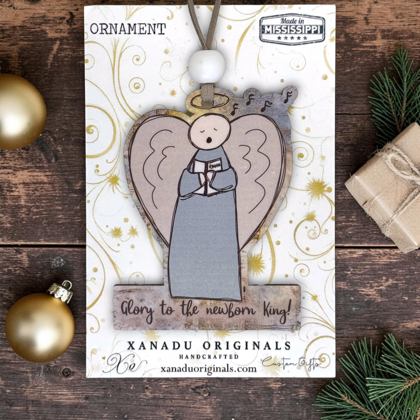 Glory to the Newborn King Singing Angel Wooden Christmas Ornament
