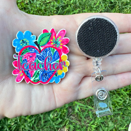 Floral Teacher Interchangeable Badge Button with Reel Option