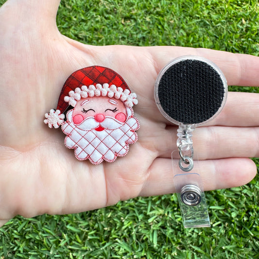 Patchwork Santa Interchangeable Badge Button with Reel Option