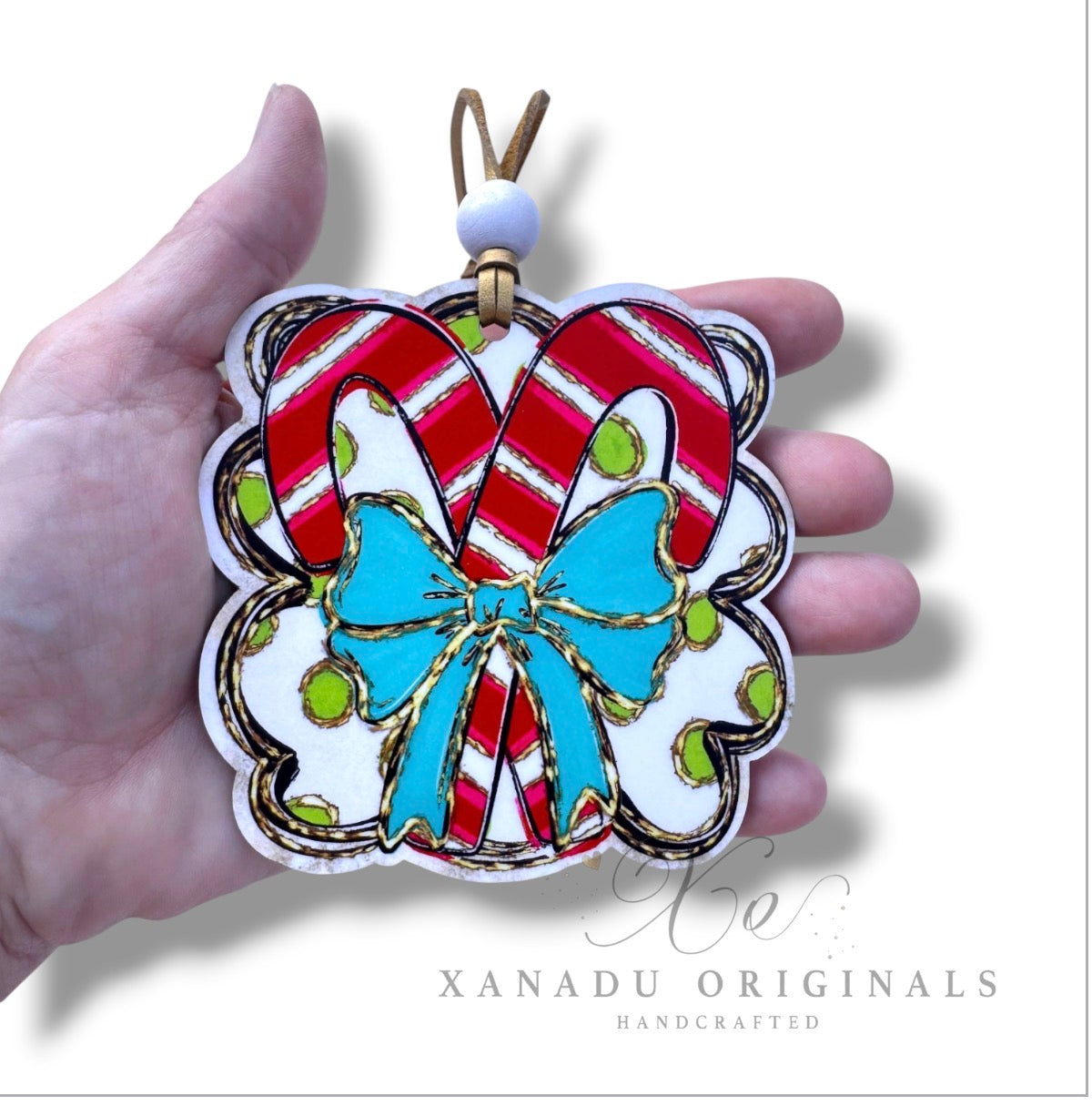 Whimsical Candy Cane Bow Christmas Ornament - Festive Polka Dot Holiday Tree Decoration