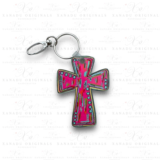 Pink Cross Cowtag Keychain | Bag Tag
