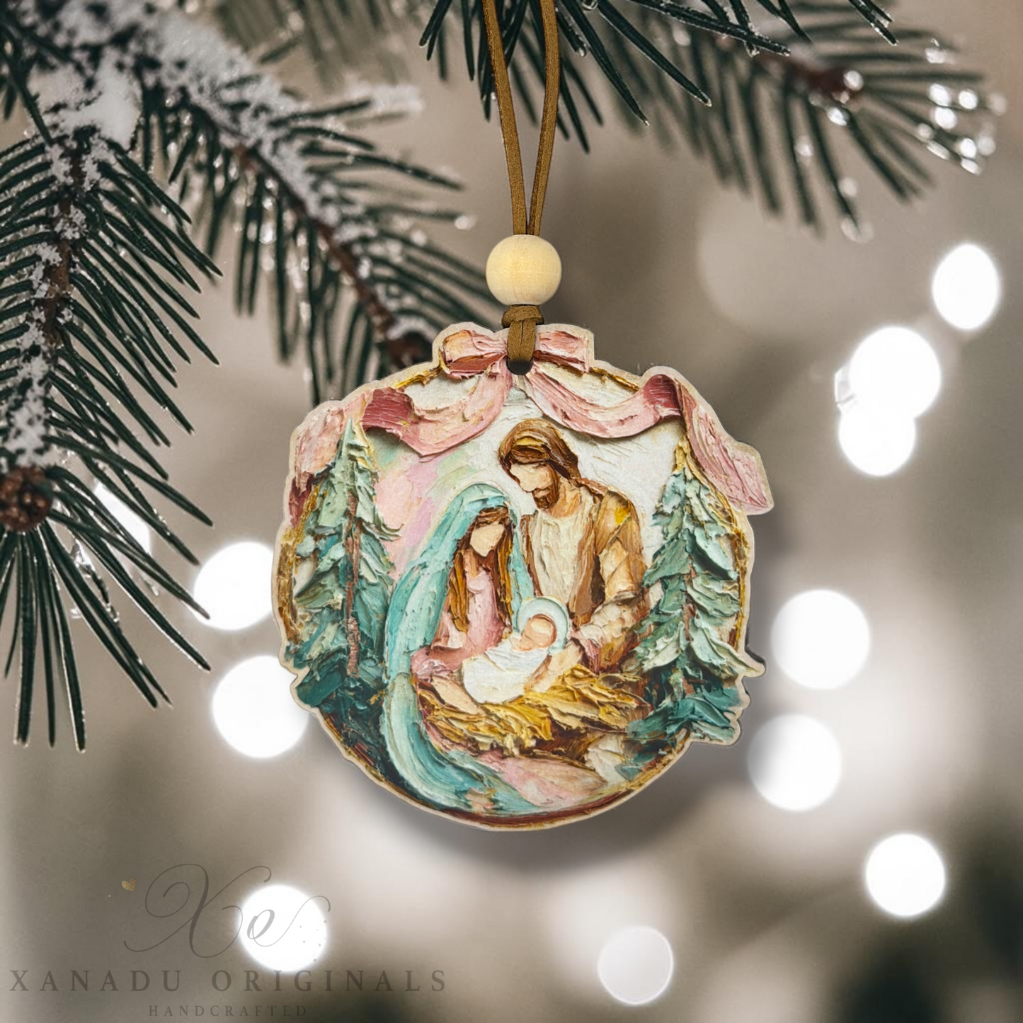 Palette Knife Holy Family Nativity Ornament - Artistic Impasto Pink Bow Tree Decoration