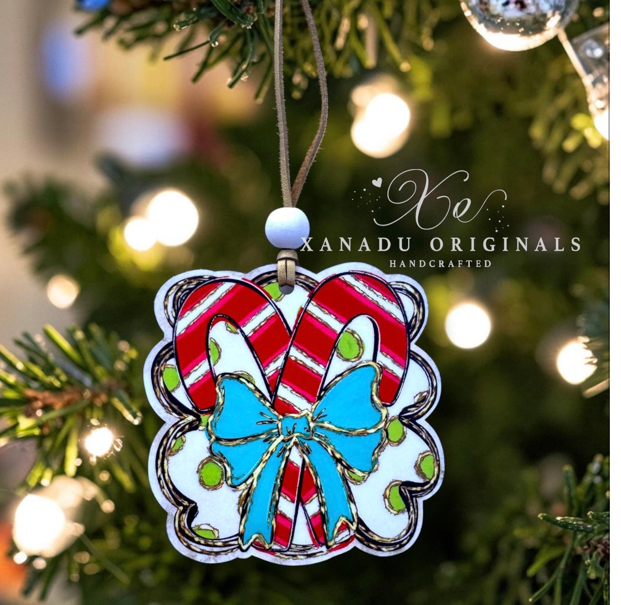Whimsical Candy Cane Bow Christmas Ornament - Festive Polka Dot Holiday Tree Decoration