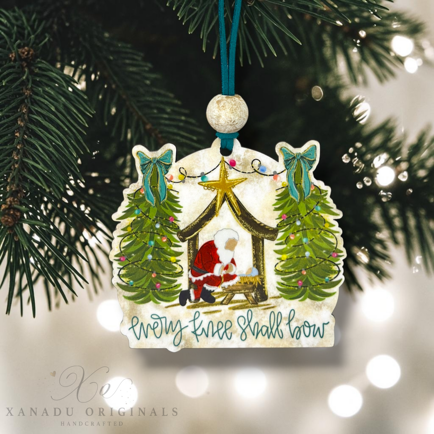 Every Knee Shall Bow Kneeling Santa Nativity Ornament - Faithful Christmas Tree Decoration