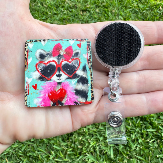 Raccoon Valentine Interchangeable Badge Button with Reel Option