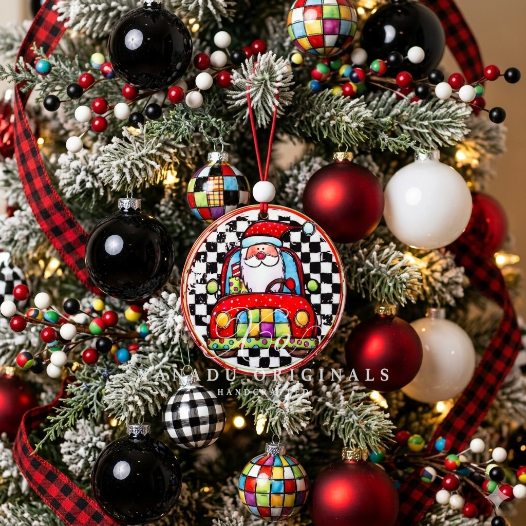 Santa Driving Red Vintage Car Christmas Ornament with Checkerboard Background