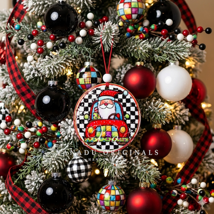 Santa Driving Red Vintage Car Christmas Ornament with Checkerboard Background