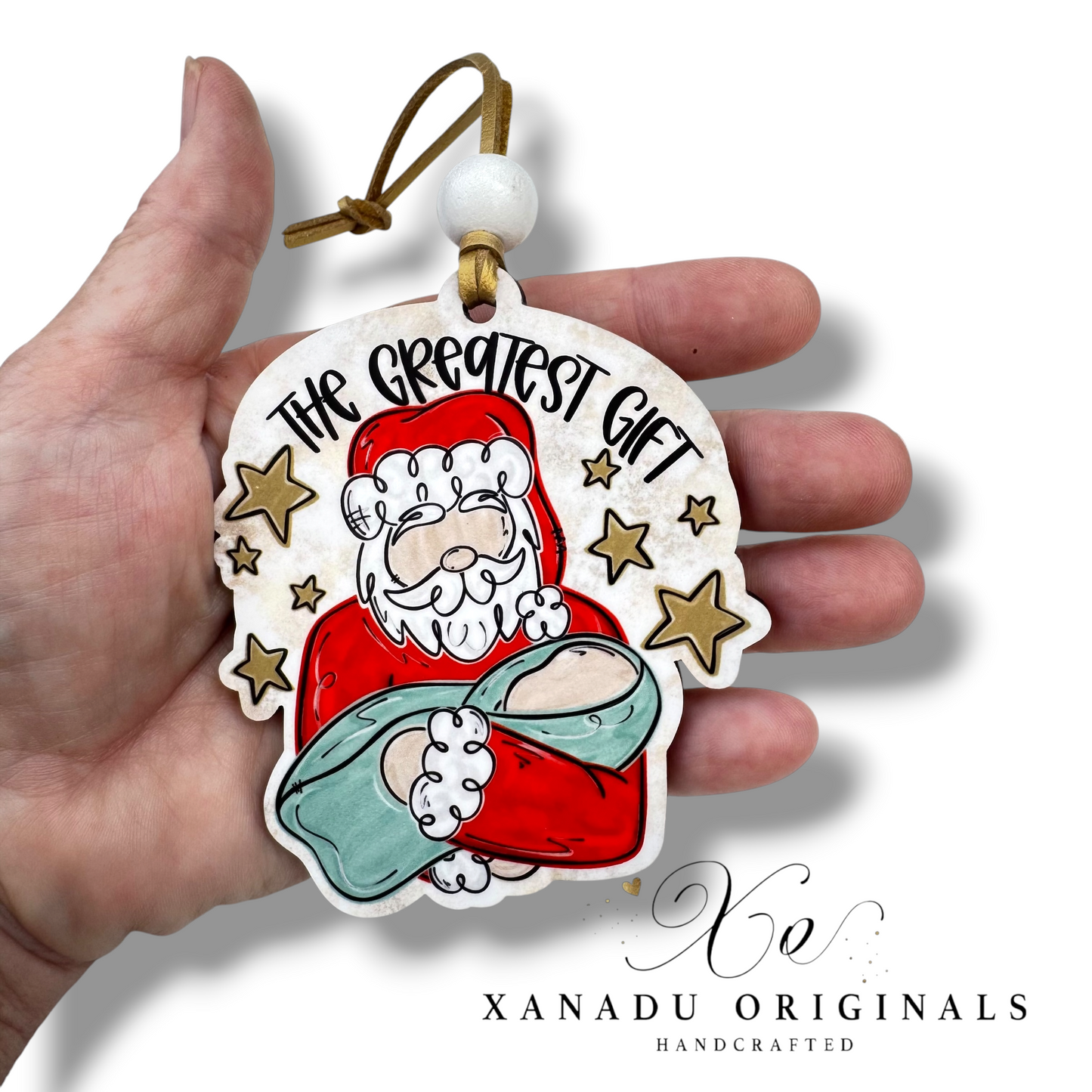 The Greatest Gift Santa Cradling Baby Jesus Ornament - Christian Nativity Tree Decoration