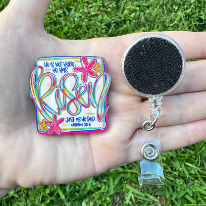 He Is Risen Interchangeable Badge Button with Reel Option