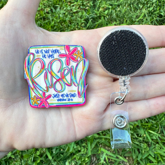 He Is Risen Interchangeable Badge Button with Reel Option