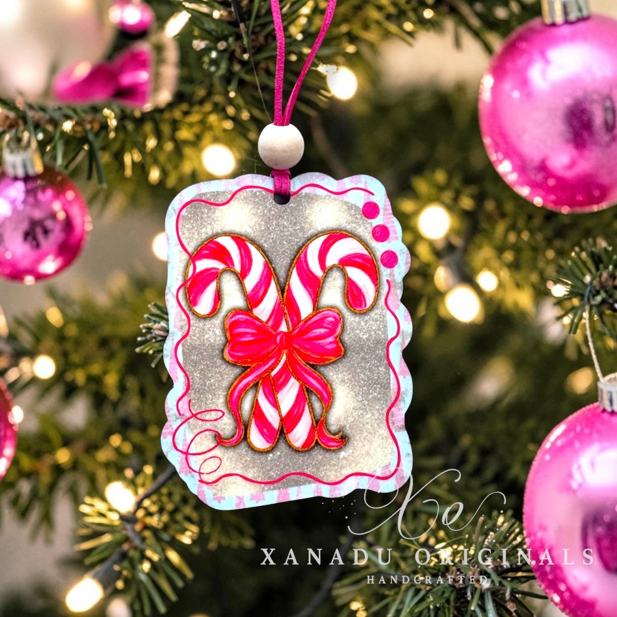 Whimsical Gold Glitter Candy Cane Ornament - Pink Coquette Bow Holiday Tree Decoration