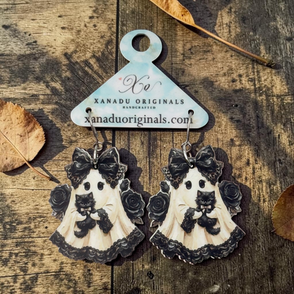 Goth Ghost Black Cat Dangle Earrings