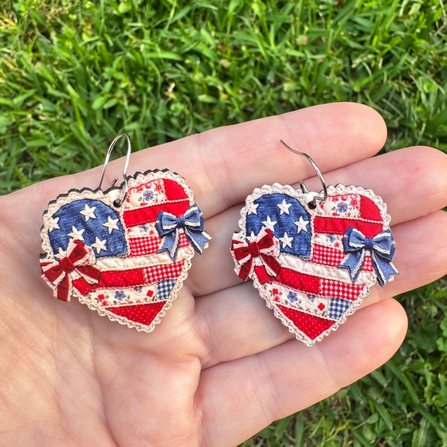 Patriotic Denim Heart Dangle Earrings