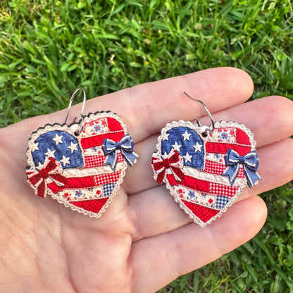 Patriotic Denim Heart Dangle Earrings