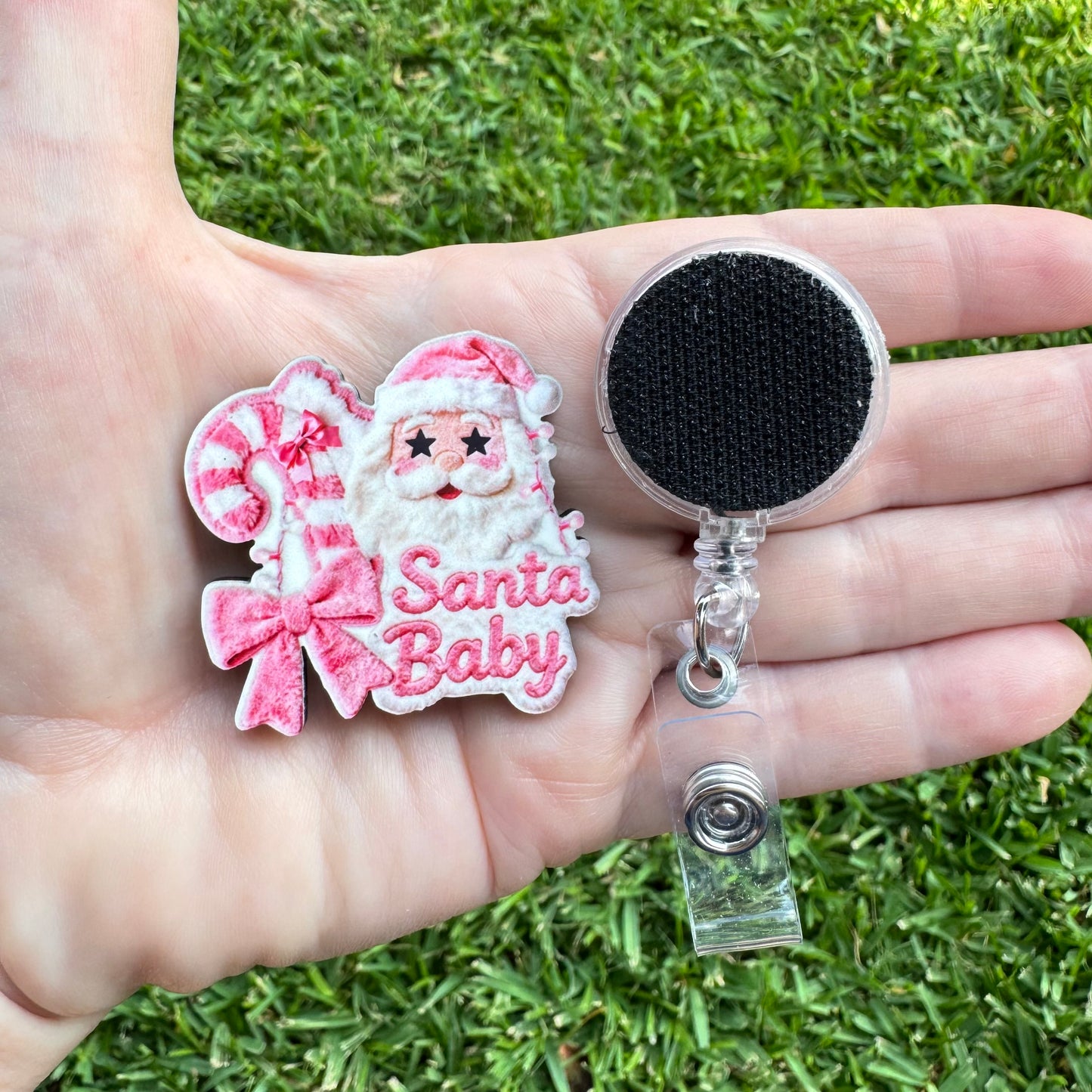 Santa Baby Pink Faux Fur Interchangeable Badge Button with Reel Option